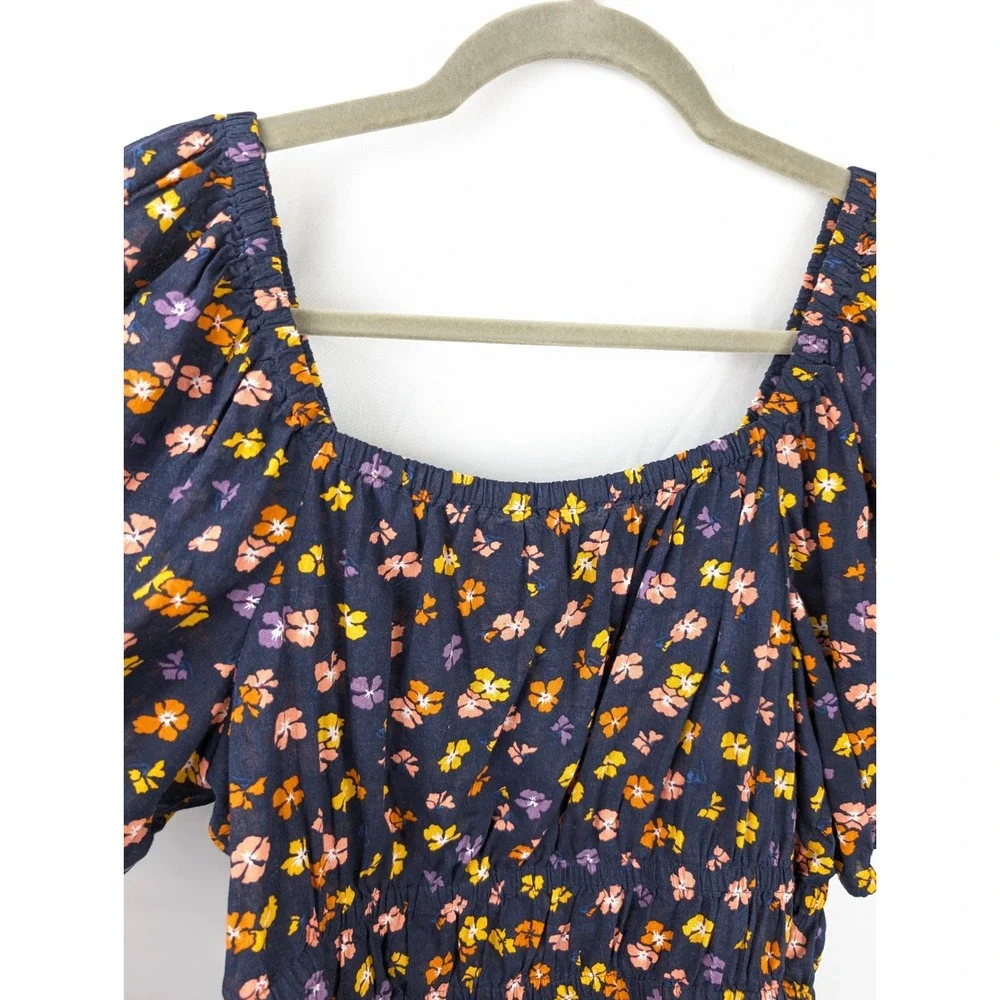Ditsy Floral Smocked Puff Sleeve Peasant Top Sz M Navy Cottagecore Prairie Boho